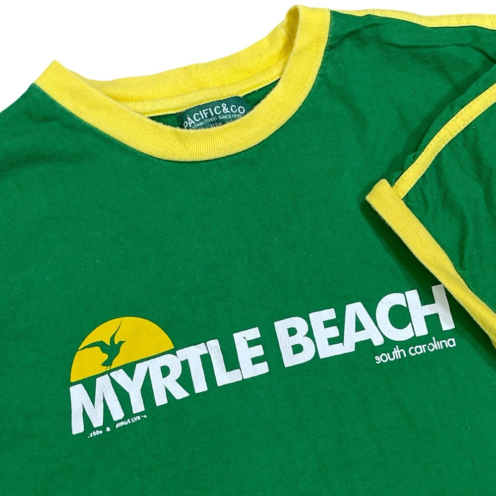 Vintage Pacific & Co Myrtle Beach Ringer T-Shirt Men L Green Yellow Stripe Y2K